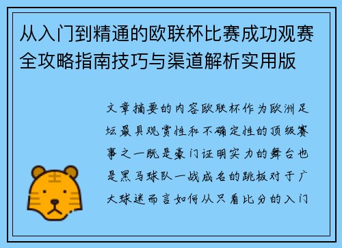从入门到精通的欧联杯比赛成功观赛全攻略指南技巧与渠道解析实用版